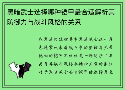 黑暗武士选择哪种铠甲最合适解析其防御力与战斗风格的关系